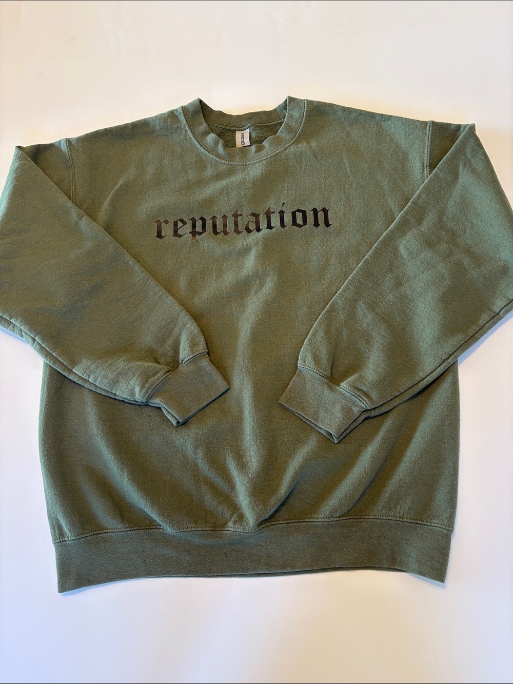 Gildan Olive Green Crewneck Sweatshirt with Black 'reputation' Text
